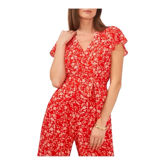 VINCE CAMUTO Fiery Red Island Oasis Flutter Sleeve Floral Cropped Jumpsuit - Picture 3 of 14
